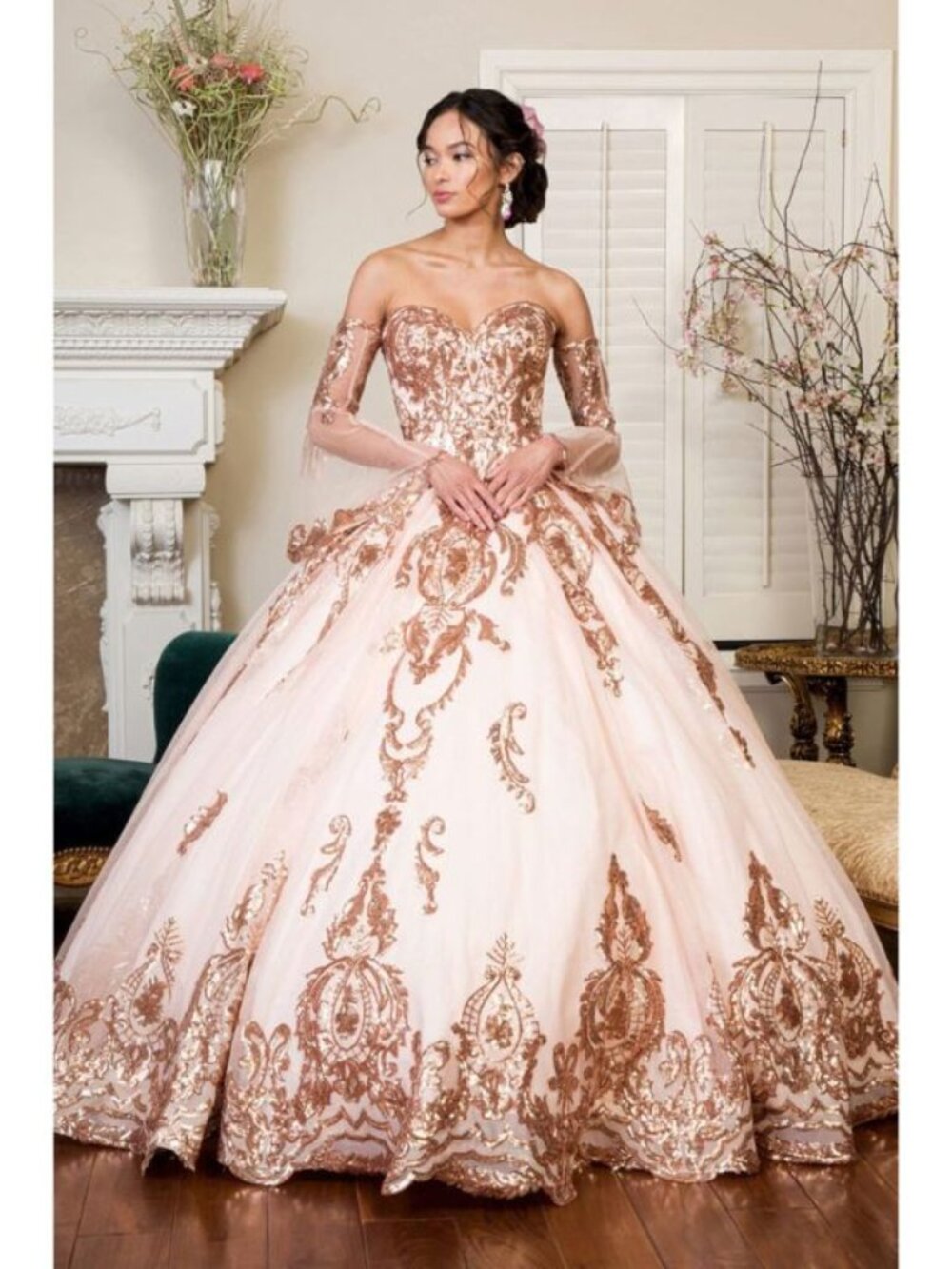 Clearance Champagne 2XL Sequin Print Strapless Ball Gown by Elizabeth K GL1914